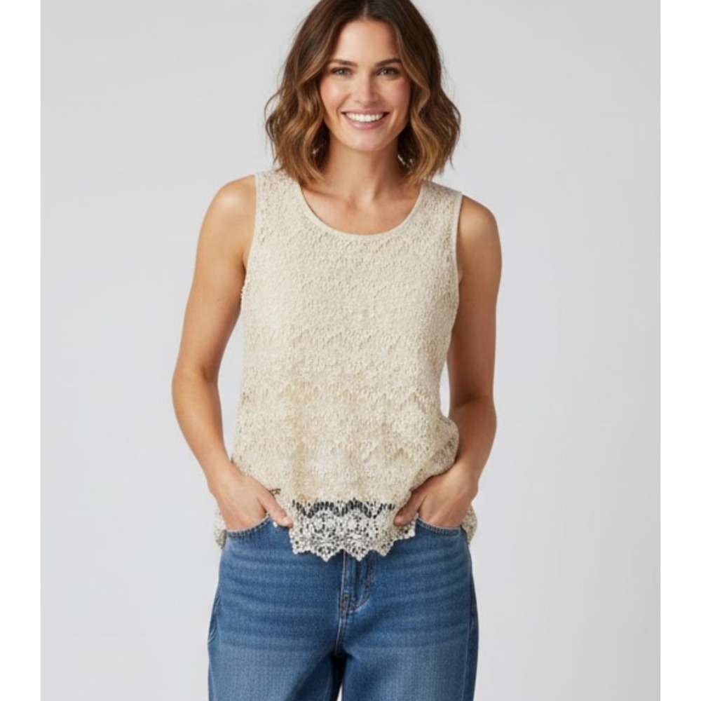 ADIVA Anthropologie Cream Lace Overlay Sleeveless Tank Top Women's L Coquette